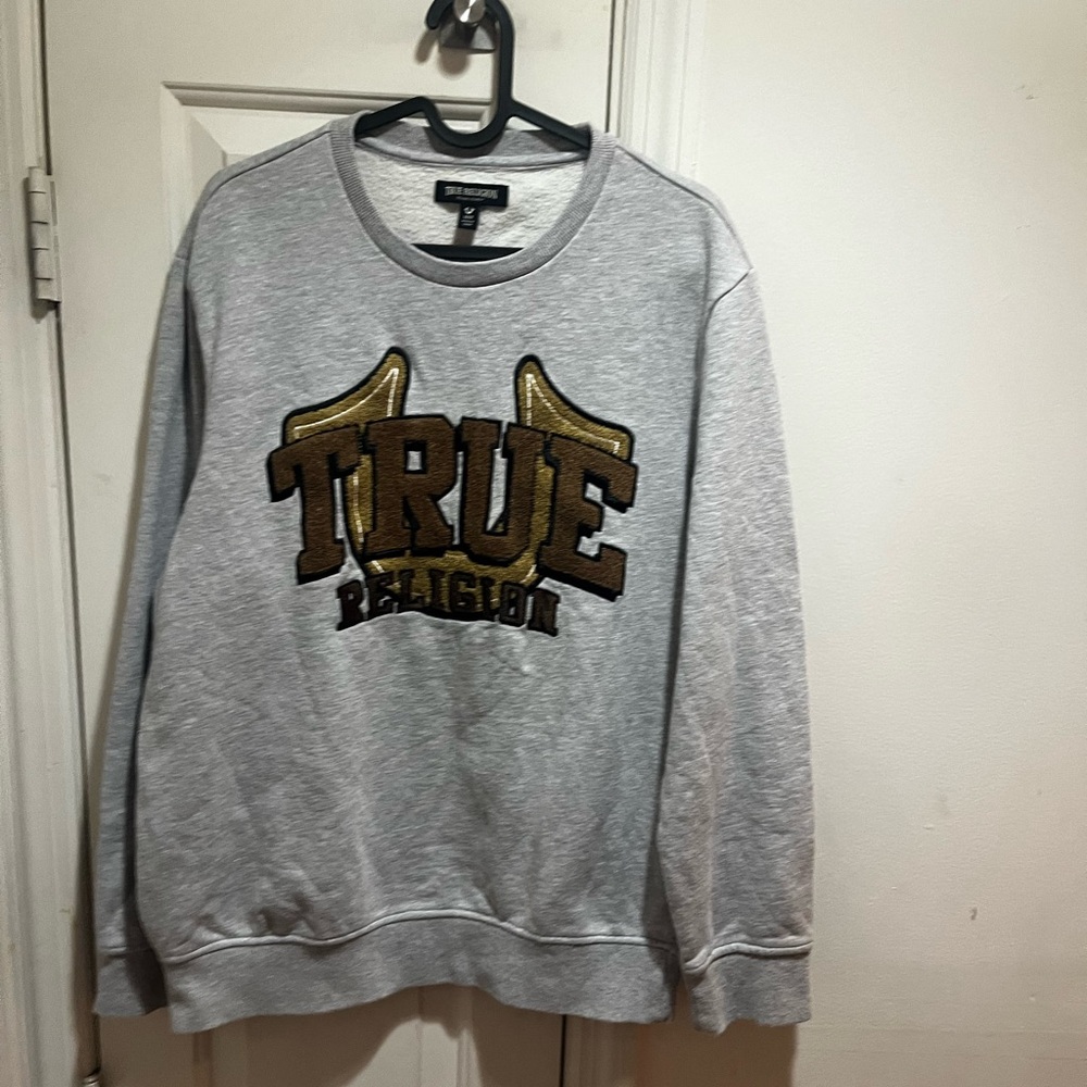 True Religion Chenille True Logo Gray Sweatshirt with Gold & brown Accents